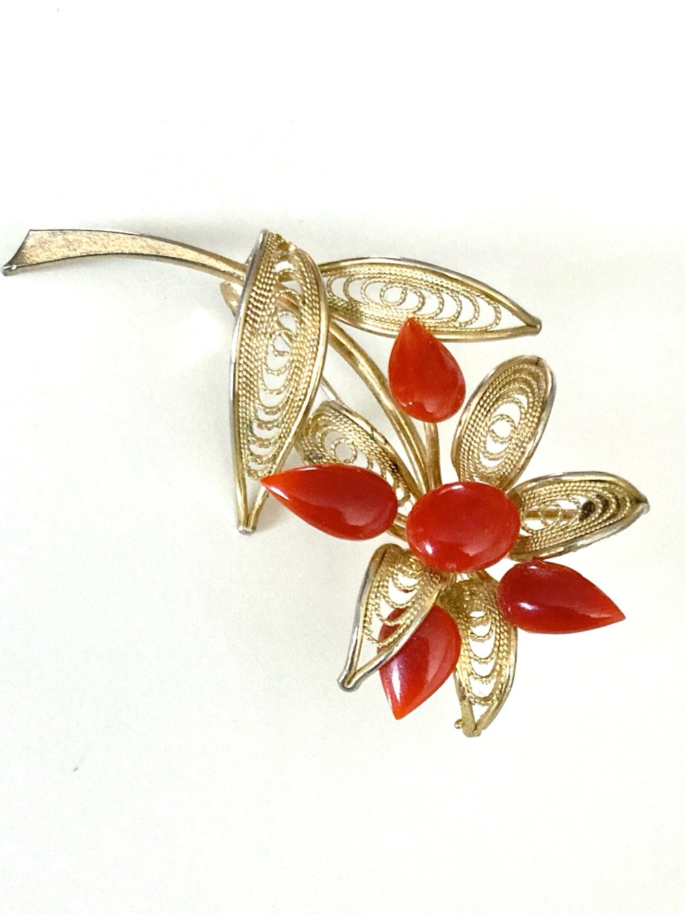 Vintage Filigree Carnelian Floral Brooch 2"